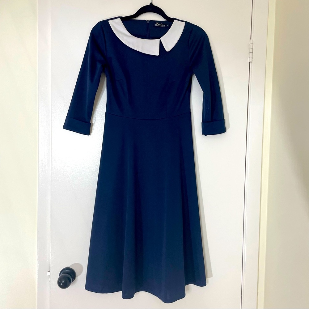Navy Blue A-Line Dress with Peter Pan Collar